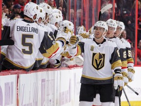 Jonathan Marchessault of the Vegas Golden Knights celebrates his second-period power-play goal against the Ottawa Senators with teammates at the bench on Nov. 4, 2017 in Ottawa.