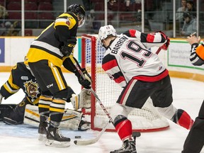 67's captain Travis Barron tries to get his stick on a loose puck at the edge of the crease of Bulldogs netminder Nick Donofrio. Hamilton defenceman Kade Landry helps out his netminder. Valerie Wutti/Blitzen Photography/Ottawa 67's