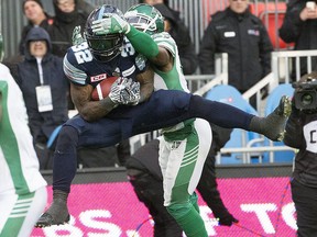 James Wilder Jr. receives a pass on the way to the winning touchdown, as the Toronto Argonauts beat the Saskatchewan Rough Riders at BMO Field today on Sunday, Nov. 19, 2017. (Stan Behal/Postmedia Network)