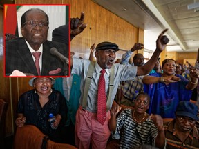 Members of Zimbabwe's association of war veterans sing old songs from the war of independence at a press conference held by their leader Chris Mutsvangwa, in which he called for President Robert Mugabe to step down "yesterday", in downtown Harare, Zimbabwe Tuesday, Nov. 21, 2017. The ruling ZANU-PF party was poised to begin impeachment proceedings Tuesday against Mugabe after its Central Committee voted to oust the president as party leader. (AP Photo/Ben Curtis) and Zimbabwean President Robert Mugabe delivers his speech during a live broadcast at State House in Harare, Sunday, Nov, 19, 2017. Zimbabwe's President Robert Mugabe has baffled the country by ending his address on national television without announcing his resignation. (AP Photo)