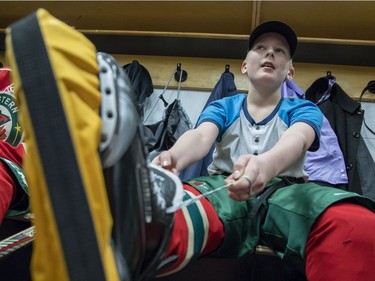 Eastern Ontario Wild's Ty Therien gets ready for the major peewee AAA championship game against the Providence Capitals.