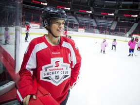 Cassie Campbell-Pascall was on the ice with girls aged 7-12 for Scotiabank Girls HockeyFest at Canadian Tire Centre Sunday April 9, 2017. The program included on and off ice training from former Olympian Campbell-Pascale and members of the University of Ottawa GeeGees and the Carlton University Ravens Women's Hockey Teams. Ashley Fraser/Postmedia