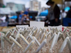 Joints are displayed for sale during the annual 4-20 cannabis culture celebration at Sunset Beach in Vancouver, B.C., on Thursday, April 20, 2017.