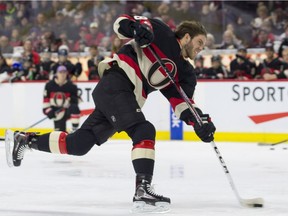 Senators winger Mike Hoffman competes in the hardest- shot event at the Sens Skills competition last year. Errol McGihon/Postmedia
