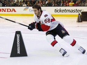 Winger Mike Hoffman, seen here during the 2015 NHL All-Star Game Weekend skills event in Columbus, again won the fastest skater event at the Senators skills competition.