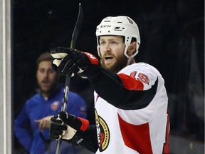 NEW YORK, NY - DECEMBER 01:  Zack Smith #15 of the Ottawa Senators celebrates his first period goal against the New York Islanders at the Barclays Center on December 1, 2017 in Brooklyn, NY