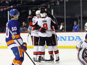 Bobby Ryan #9 of the Ottawa Senators celebrates his goal against the New York Islanders at 18:55 of the first period at the Barclays Center on December 1, 2017 in the Brooklyn borough of New York City.