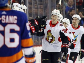 Thomas Chabot #72 of the Ottawa Senators celebrates his first NHL goal against the New York Islanders at 8:26 of the second period at the Barclays Center on December 1, 2017 in the Brooklyn borough of New York City.