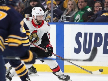 Tom Pyatt #10 of the Ottawa Senators skates into the Buffalo Sabres zone during the first period at the KeyBank Center on December 12, 2017 in Buffalo, New York.