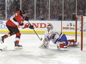 Senators winger Bobby Ryan scores against Canadiens netminder Carey Price during the outdoor game in Ottawa on Dec. 16. It was one of Ryan's four goals this season.