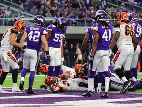 Giovani Bernard #25 of the Cincinnati Bengals with the ball in the end zone after scoring a touchdown in the fourth quarter of the game against the Minnesota Vikings on December 17, 2017 at U.S. Bank Stadium in Minneapolis, Minnesota.