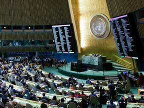 The results of the vote on Jerusalem are seen on display boards at the General Assembly hall, on December 21, 2017, at UN Headquarters in New York.