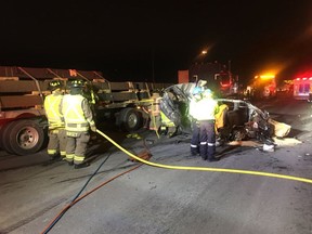 Emergency crews at the scene of a fatal collision on Hwy. 401 at Martin Grove on Monday, Dec. 11, 2017. (OPP_HSD)