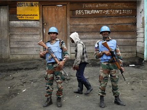 U.N. peacekeepers, in a November 2012 file photo. Peacekeepers were attacked on Friday morning in Congo, the U.N. said. (AP Photo/Jerome Delay File)