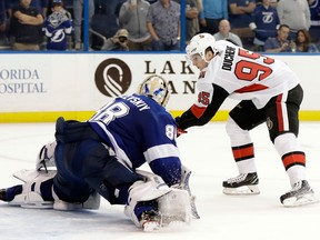 Tampa Bay Lightning goalie Andrei Vasilevskiy stops Ottawa Senators centre Matt Duchene on Dec. 21, 2017