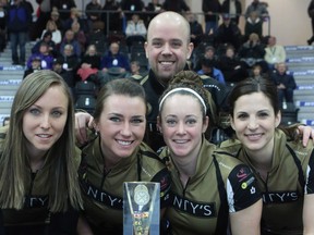 Coach Adam Kingsbury, top, poses with skip Rachel Homan, third Emma Miskew, second Joanne Courtney and lead Lisa Weagle after they won the Ontario Scotties women's curling title at Cobourg in February.
