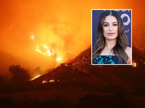 The Thomas Fire burns in the mountains on December 6, 2017 near Ojai, California. (Photo by Mario Tama/Getty Images) and actress Lea Michele attends The Hollywood Reporter 2017 Women In Entertainment Breakfast, on December 6, 2017, in Hollywood, California. ( AFP PHOTO / VALERIE MACONVALERIE MACON/AFP/Getty Images)