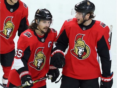 Senators forward Bobby Ryan celebrates his goal with Erik Karlsson (65) during the third period.