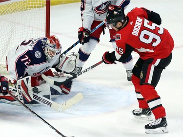 Blue Jackets goalie Sergei Bobrovsky makes a save on a shot by the Senators' Matt Duchene during third-period play.