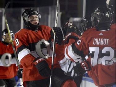 Ottawa Senators right wing Bobby Ryan (9) celebrates his goal with teammates on the bench during third period hockey action against the Montreal Canadiens, at the NHL 100 Classic, in Ottawa on Saturday, December 16, 2017.