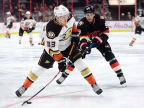 Jakob Silfverberg (33) was part of the package the Senators sent to the Ducks to obtain winger Bobby Ryan, right. They're shown here in a game in December 2016.