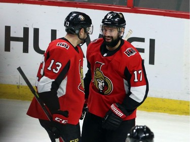 Senators forward Nick Paul celebrates with Nate Thompson (17) after his flip-shot goal against the Blue Jackets in the second period of Friday's game.