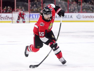 Ottawa Senators' Erik Karlsson takes a shot on the Minnesota Wild net during second period NHL hockey action in Ottawa on Tuesday, Dec. 19, 2017.