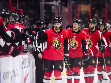 Ottawa Senators' Erik Karlsson celebrates a first period goal against the Minnesota Wild during first period NHL hockey action in Ottawa on Tuesday, Dec. 19, 2017.