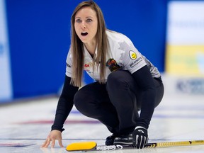 Skip Rachel Homan reacts to a shot entering the house during the Canadian Olympic curling trials on Dec. 3, 2017