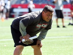 Former Ottawa Redblacks offensive line coach Bryan Chiu during practice at TD Place in Ottawa on Sept. 24, 2015.