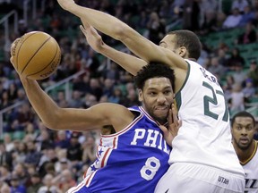 In this Dec. 29, 2016, file photo, Philadelphia 76ers centre Jahlil Okafor drives to the basket