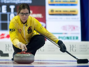 Skip Krista McCarville, from Thunder Bay, Ont. throws a rock during Olympic curling trials action against Team Homan, Monday, December 4, 2017 in Ottawa.