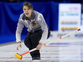 Skip Casey Scheidegger, from Lethbridge, Alta., wasn't bothered at all by the boisterous kids who were at the morning draw on Wednesday, Dec. 6, 2017. 'They were loud, that's for sure. It's good to see some excitement for our sport.'