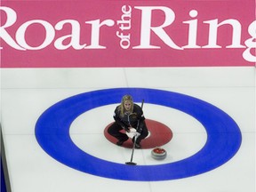 Skip Jennifer Jones from Winnipeg watches a shot approach the house during Olympic curling trials action against Chelsea Carey's team on Wednesday afternoon.