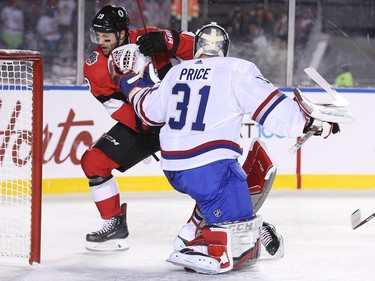 Carey Price punches Derick Brassard as he skates past in the first period as the Ottawa Senators take on the Montreal Canadiens in the 2017 Scotiabank NHL 100 Classic outdoor hockey game at TD Place in Ottawa.  Photo by Wayne Cuddington/ Postmedia