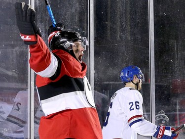 Bobby Ryan celebrates his goal in the third period as the Ottawa Senators take on the Montreal Canadiens in the 2017 Scotiabank NHL 100 Classic outdoor hockey game at TD Place in Ottawa.  Photo by Wayne Cuddington/ Postmedia