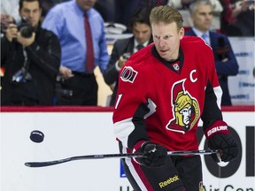 Daniel Alfredsson skates with the Ottawa Senators one last time in Ottawa on Thursday December 4, 2014.