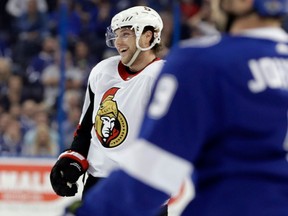 Ottawa Senators right winger Bobby Ryan, left, laughs after being credited with a goal against the Tampa Bay Lightning on Dec. 21, 2017