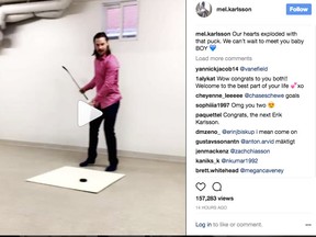 Screen grab of Senators Captain Erik Karlsson in a video on his wife Melindas Instagram account, announcing the baby they are expecting is a boy. He shoots a hockey puck which explodes with blue powder.