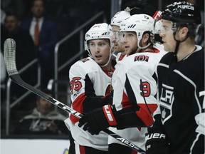 Matt Duchene, left, celebrates his goal against the Kings during the first period of Thursday's game.