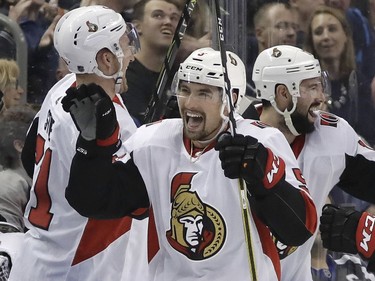 Ottawa Senators defenseman Cody Ceci (5) celebrates his goal against the Tampa Bay Lightning during the second period of an NHL hockey game Thursday, Dec. 21, 2017, in Tampa, Fla.