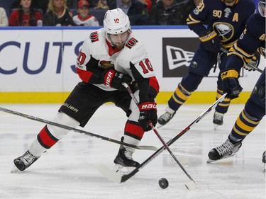 Ottawa Senators forward Tom Pyatt (10) controls the puck during the second period of an NHL hockey game against the Buffalo Sabres, Tuesday Dec. 12, 2017, in Buffalo, N.Y.