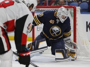 Buffalo Sabres goalie Robin Lehner (40) makes a save during the second period of an NHL hockey game against the Ottawa Senators, Tuesday Dec. 12, 2017, in Buffalo, N.Y.