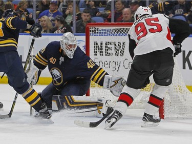 Buffalo Sabres goalie Robin Lehner (40) stops Ottawa Senators forward Matt Duchene (95) during the second period of an NHL hockey game, Tuesday Dec. 12, 2017, in Buffalo, N.Y.