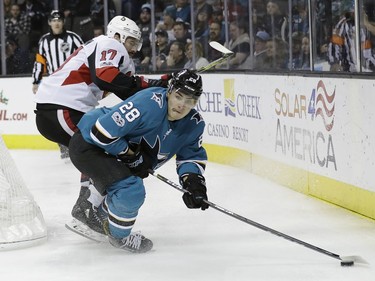 San Jose Sharks' Timo Meier (28) controls the puck in front of Ottawa Senators' Nate Thompson (17) during the second period of an NHL hockey game Saturday, Dec. 9, 2017, in San Jose, Calif.