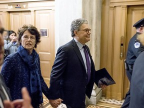 Sen. Al Franken, D-Minn., returns to his office after talking to the media on Capitol Hill in Washington, Monday, Nov. 27, 2017.