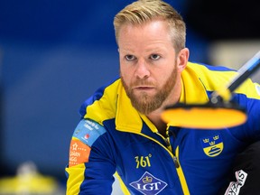Sweden's skip Niklas Edin delivers a stone during the A-Division European Curling Championships 2017 semi-finals game between Norway and Sweden on Nov. 23, 2017