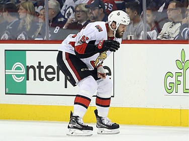 Ottawa Senators forward Zack Smith heads to the bench after blocking a Winnipeg Jets shot in Winnipeg on Sun., Dec. 3, 2017. Kevin King/Winnipeg Sun/Postmedia Network