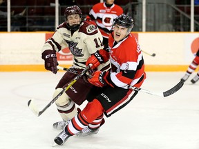 Ottawa defenceman Noel Hoefenmayer, seen here reacting to a check by Zach Gallant earlier this year, hurt himself before last night’s game in a freak accident and could not suit up. Ottawa clubbed Gatineau even without it’s power play quarterback. Wayne Cuddington/Postmedia Network