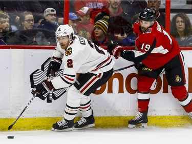 Ottawa Senators Derick Brassard checks Chicago Blackhawks Duncan Keith during NHL action at the Canadian Tire Centre in Ottawa on January 9,2018. Errol McGihon/Postmedia